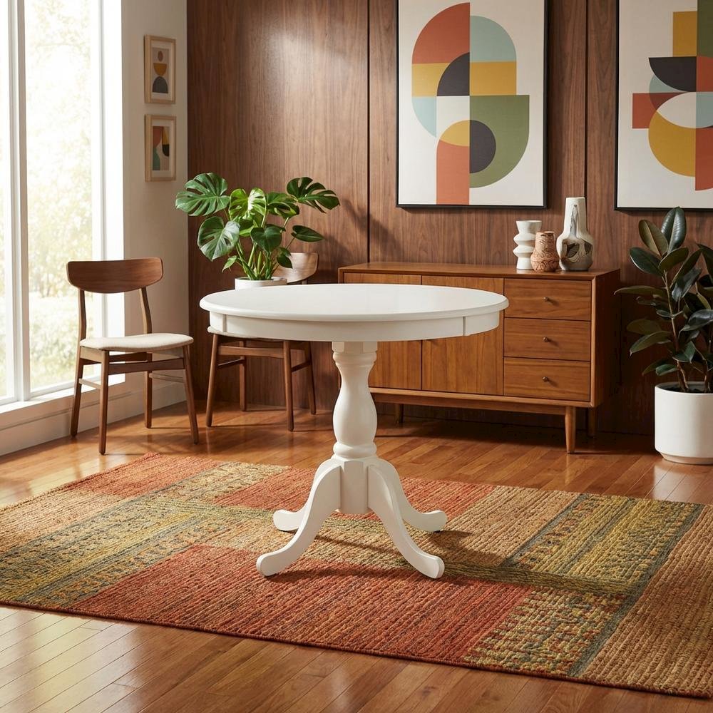 Linen White Round Pedestal Dining Table, Wood, Seats 4. Picture 3