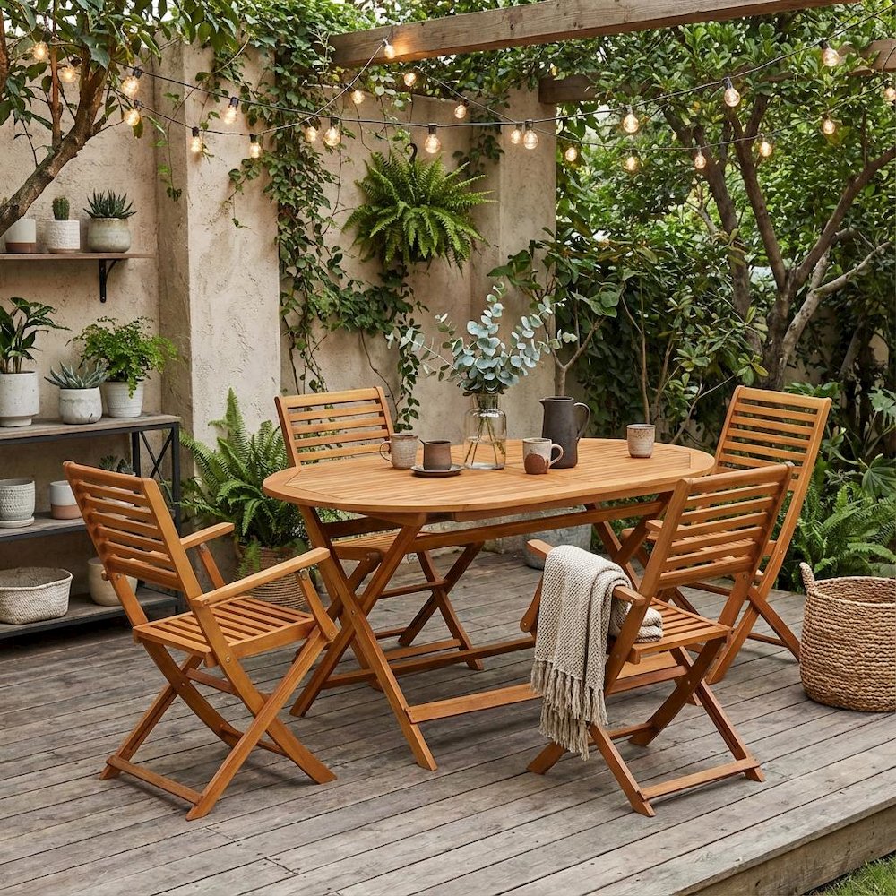 Wooden Patio Set, Oil-Finished with 5-Piece Outdoor Table and 4 Chairs. Picture 2