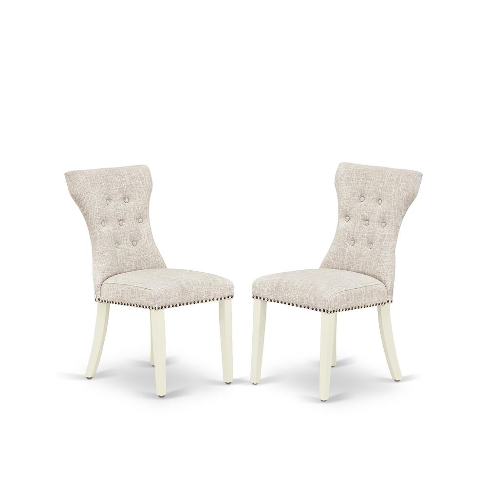 East West Furniture 9-Pc Dining Room Table Set- 8 Dining Chairs with Doeskin Linen Fabric Seat and Button Tufted Chair Back - Rectangular Table Top & Wooden Cross Legs - Distressed Jacobean and Linen. Picture 3