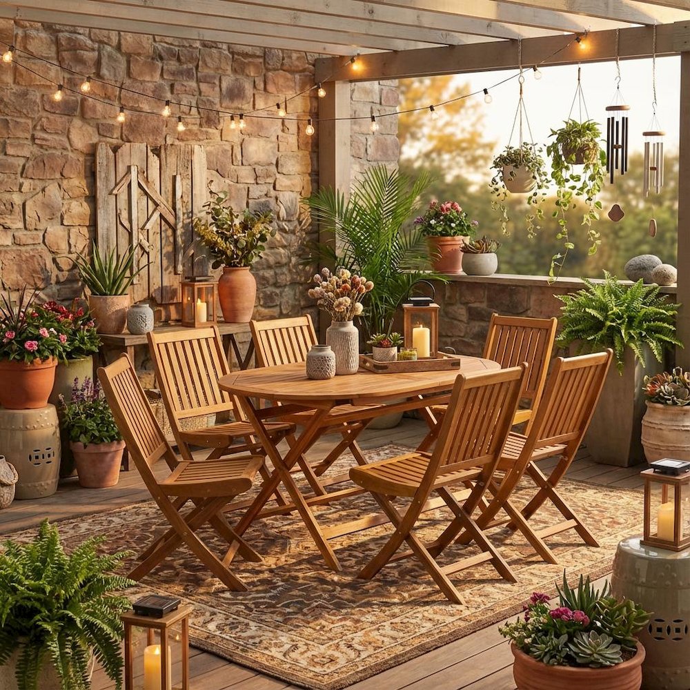 7-Piece Outdoor Table Set Wood Oil Finish with 6 Folding Chairs, Slatted Back. Picture 3