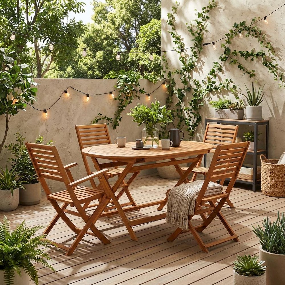 Wooden Patio Set Neutral Oil with Dining Table and 4 Outdoor Chairs. Picture 2