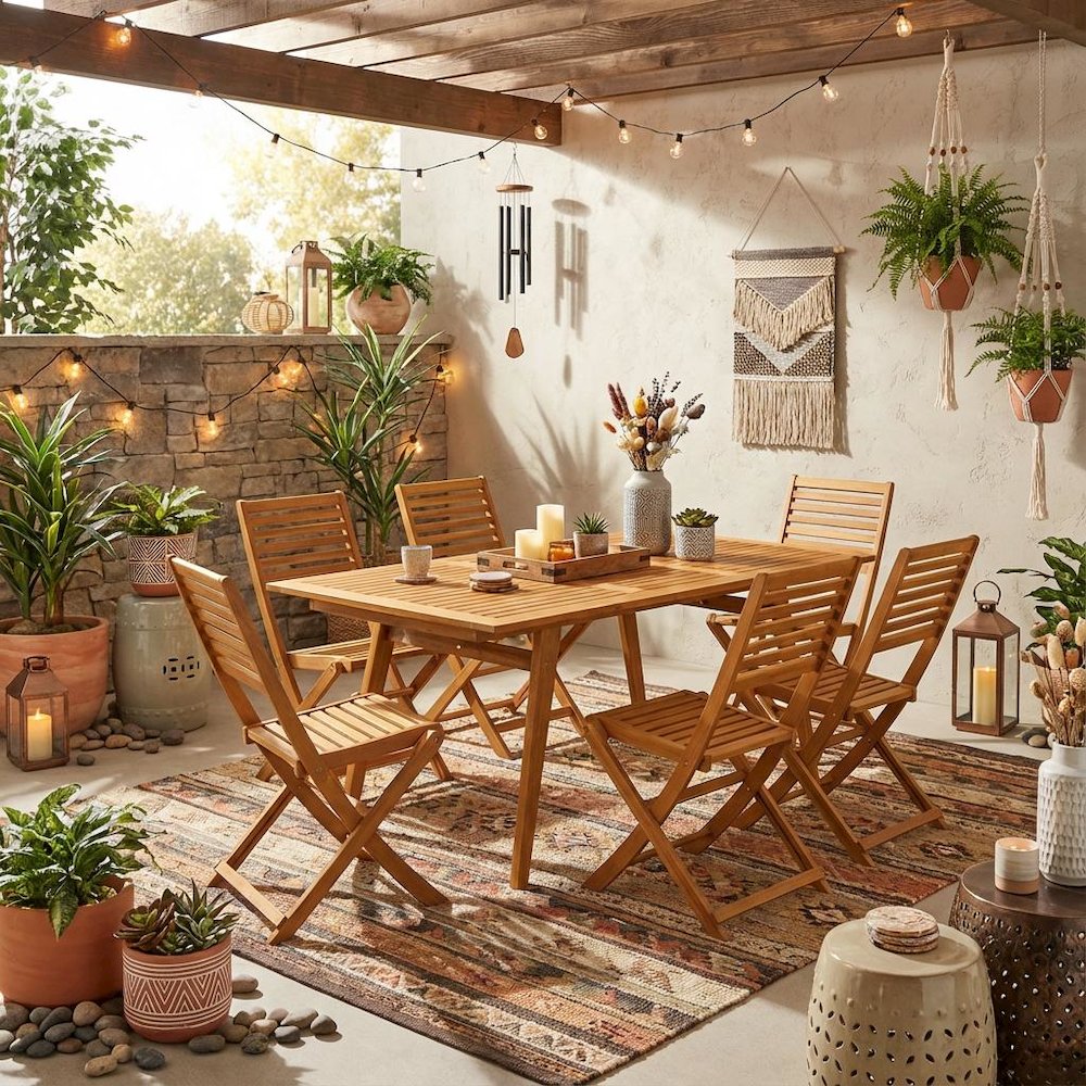 7-Piece Oil Finish Dining Set with Foldable Chairs and Outdoor Coffee Table. Picture 3
