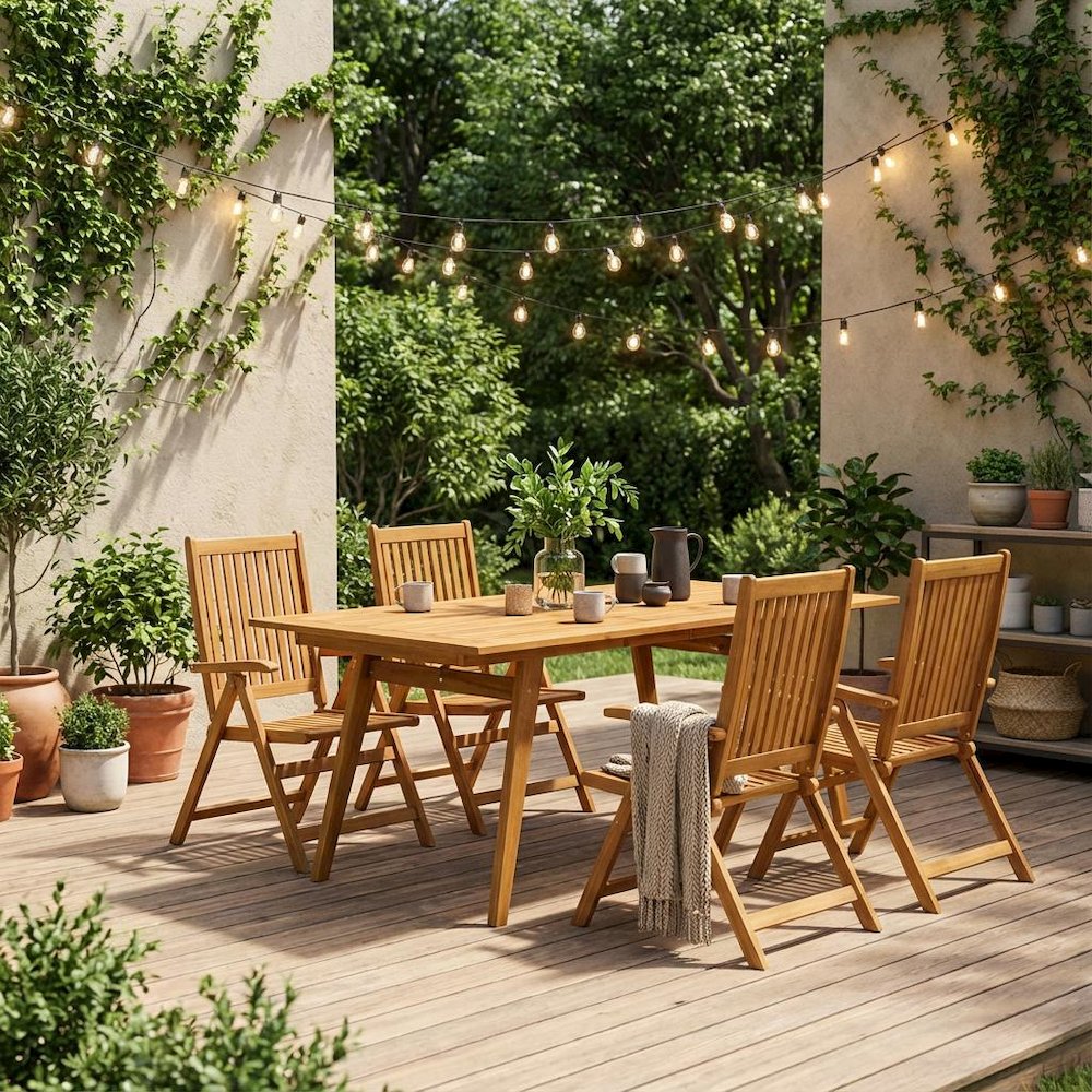 Oil-Finish 5-Piece Patio Set with 4 Foldable Arm Chairs and Table. Picture 2