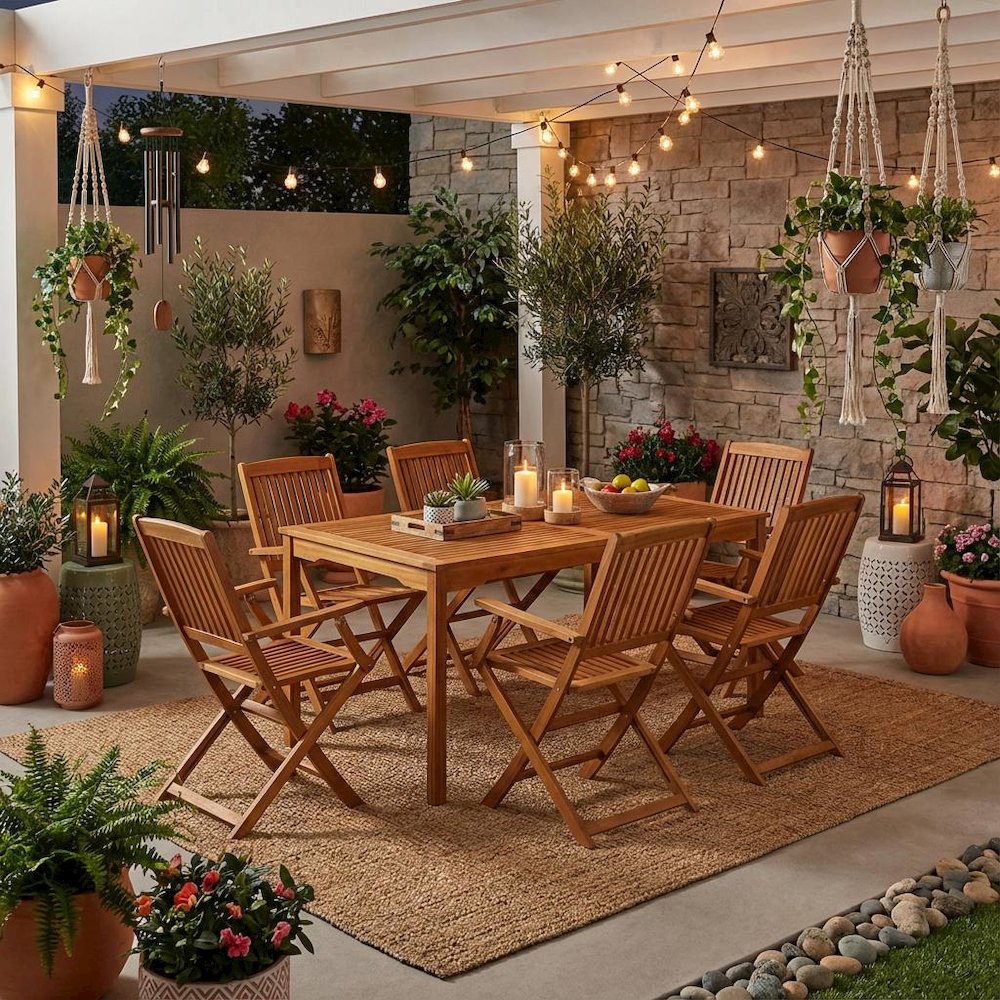 Oil Finish Wooden Patio Dining Table Set with 6 Outdoor Chairs. Picture 3