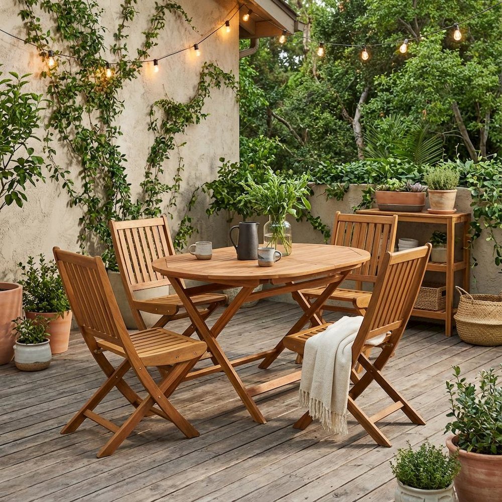 7-Piece Outdoor Table Set Wood Oil Finish with 6 Folding Chairs, Slatted Back. Picture 2