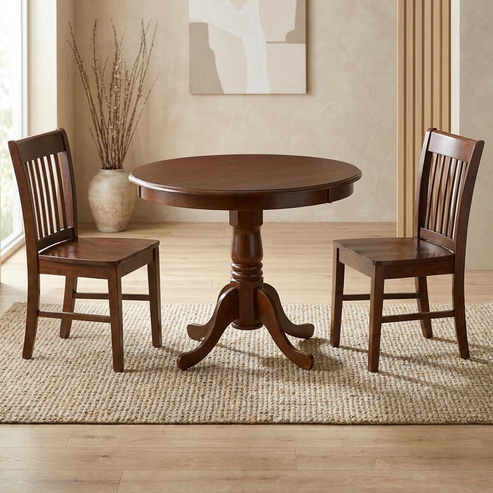 Solid Wood Round Kitchen Table & Chairs 3-Piece Dining Set, Mahogany. Picture 2
