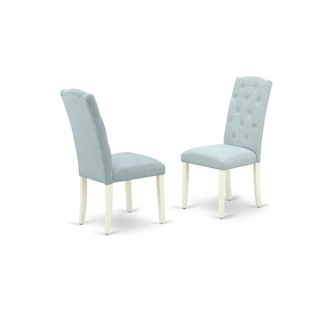 East West Furniture 5-Pc Dining Table Set- 4 Dining Padded Chairs with Baby Blue Linen Fabric Seat and Button Tufted Chair Back - Rectangular Table Top & Wooden Legs - Linen White Finish. Picture 3