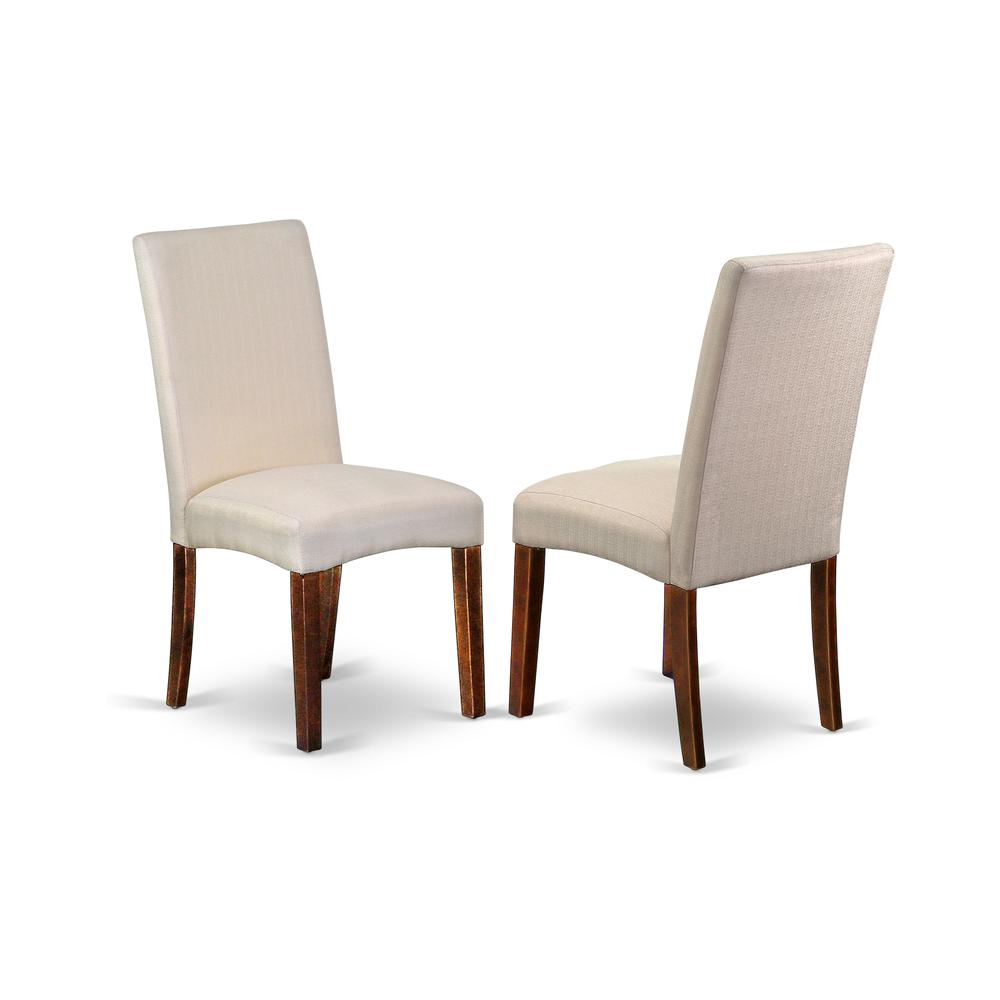 East West Furniture HBDR3-MAH-01 3 Piece Dining Room Table Set - Mahogany Round Dining Table and 2 Cream Linen Fabric Modern Dining Chairs with High Back - Mahogany Finish. Picture 3