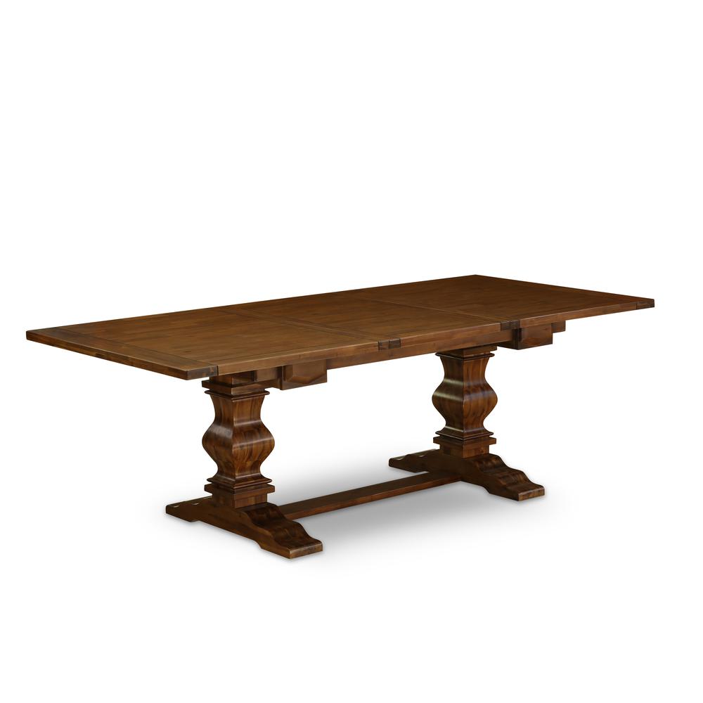 East West Furniture LAFO5-88-18 5-Pc Kitchen Table Set Includes 1 Butterfly Double Pedestal Dining Table and 4 Brown Linen Fabric Parson Dining Chairs with Button Tufted Back - Antique Walnut Finish. Picture 2