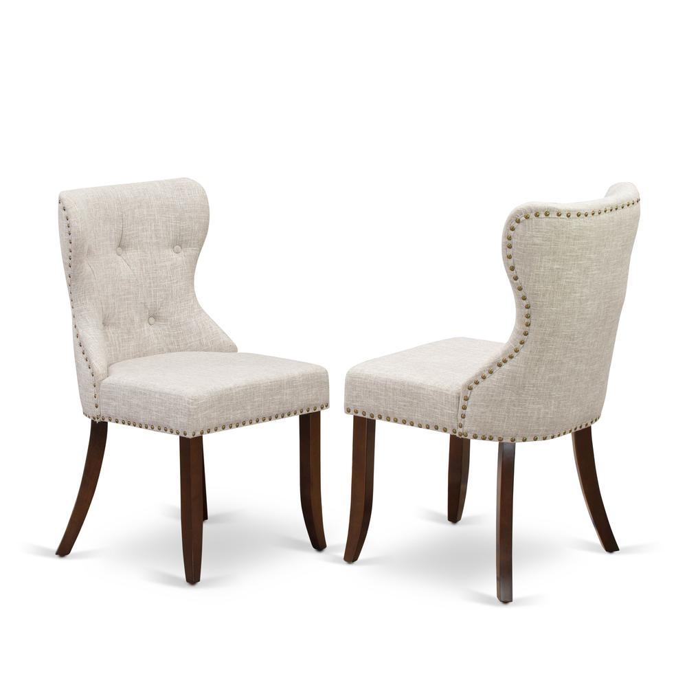 East-West Furniture DLSI5-MAH-35 - A dining room table set of 4 amazing kitchen chairs using Linen Fabric Doeskin color and an attractive two 9" drop leaf round wooden table in Mahogany Finish. Picture 3