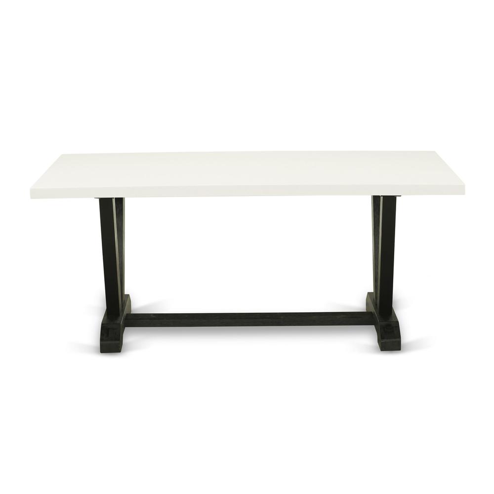V627MZ606-9 9 Pc Dining Set - Linen White Dining Table with 8 Shitake Dining Room Chairs - Wire Brushed Black Finish. Picture 4