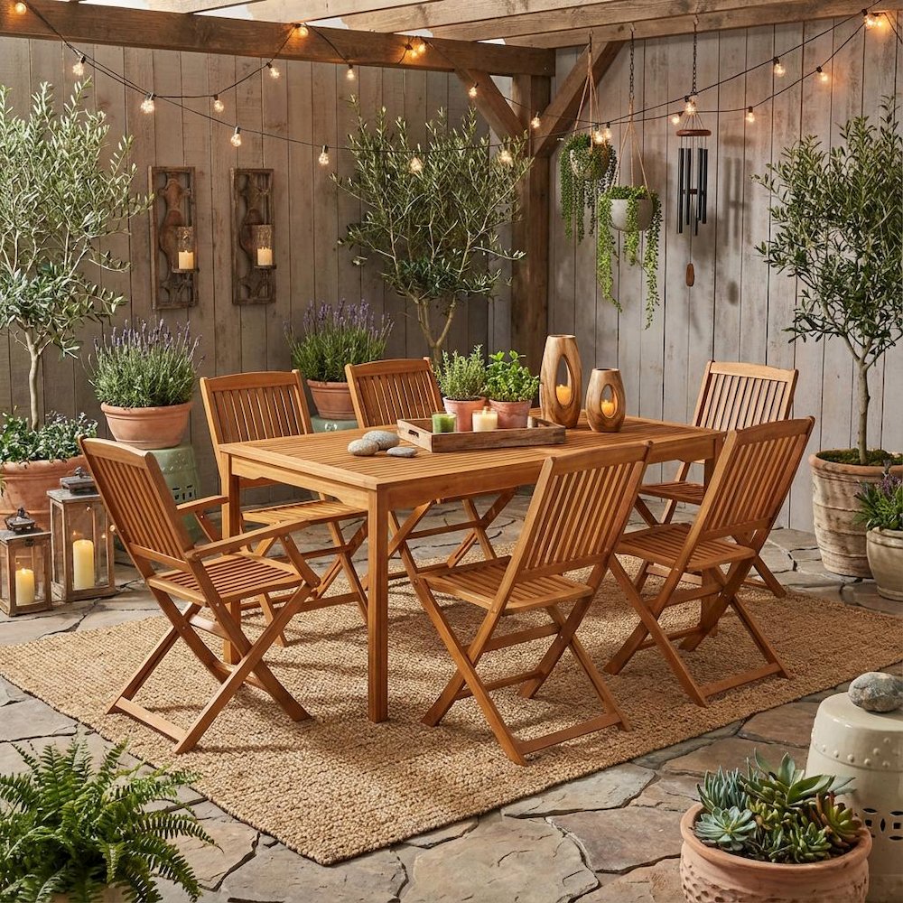 Wooden Patio Set with Oil Finish, Dining Table and 6 Outdoor Chairs. Picture 3