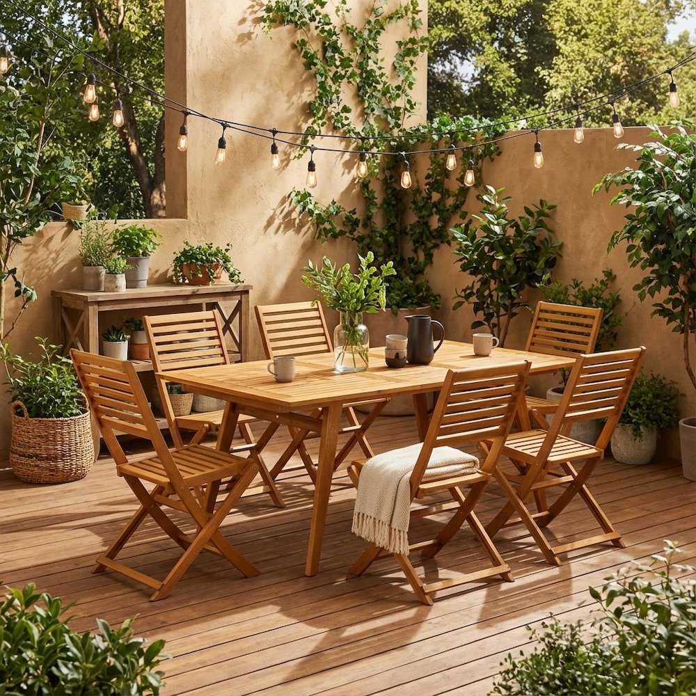 7-Piece Oil Finish Dining Set with Foldable Chairs and Outdoor Coffee Table. Picture 2
