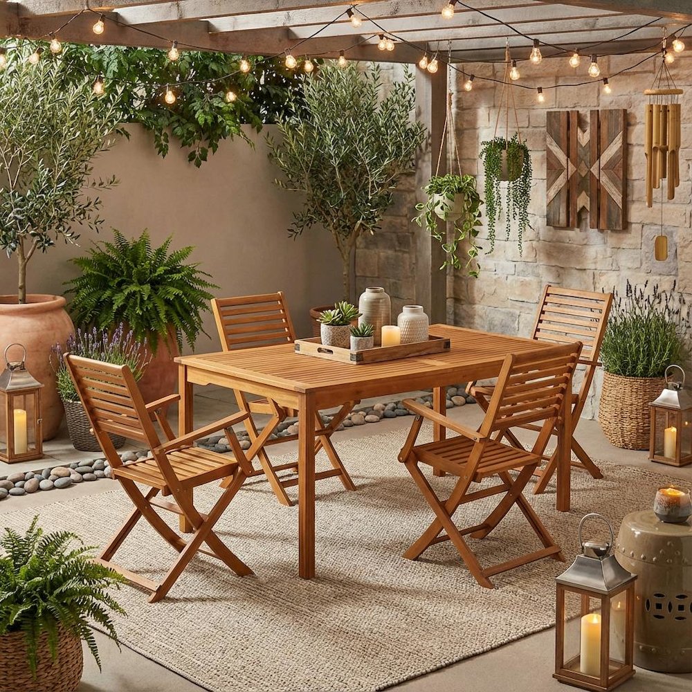 Oil-Finish Wooden Patio Set with Dining Table and 4 Chairs. Picture 3