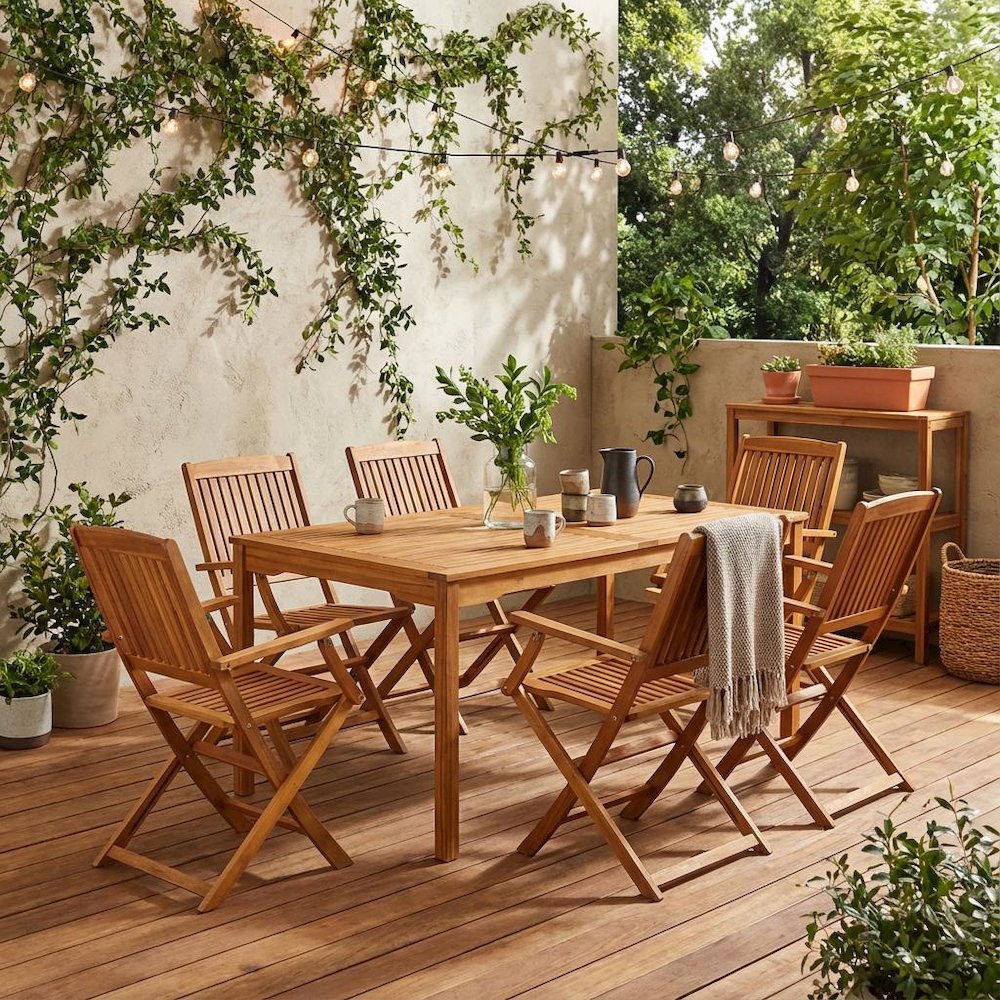 Oil Finish Wooden Patio Dining Table Set with 6 Outdoor Chairs. Picture 2