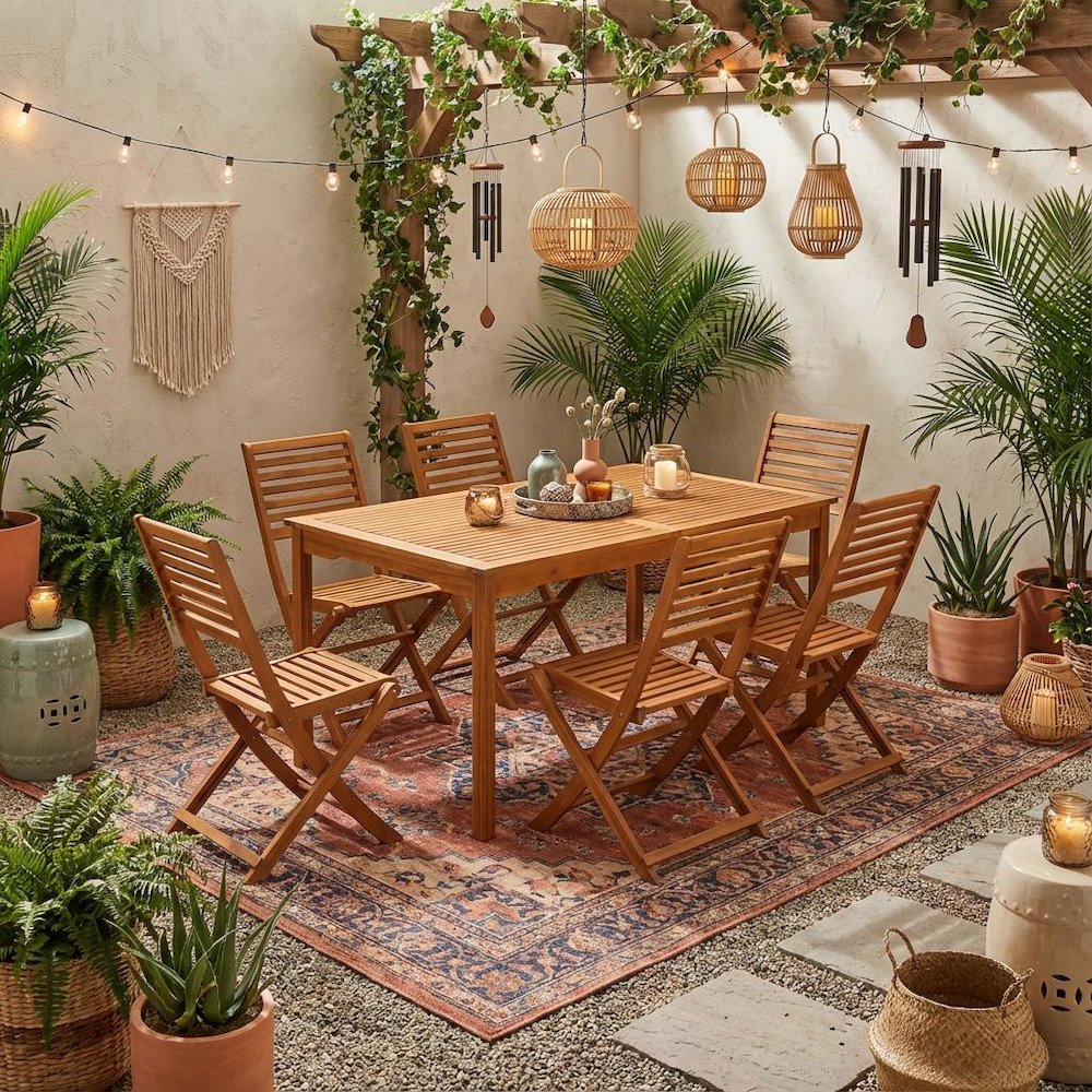 Wooden Patio Set with Oil Finish, Dining Table and 6 Outdoor Side Chairs. Picture 3