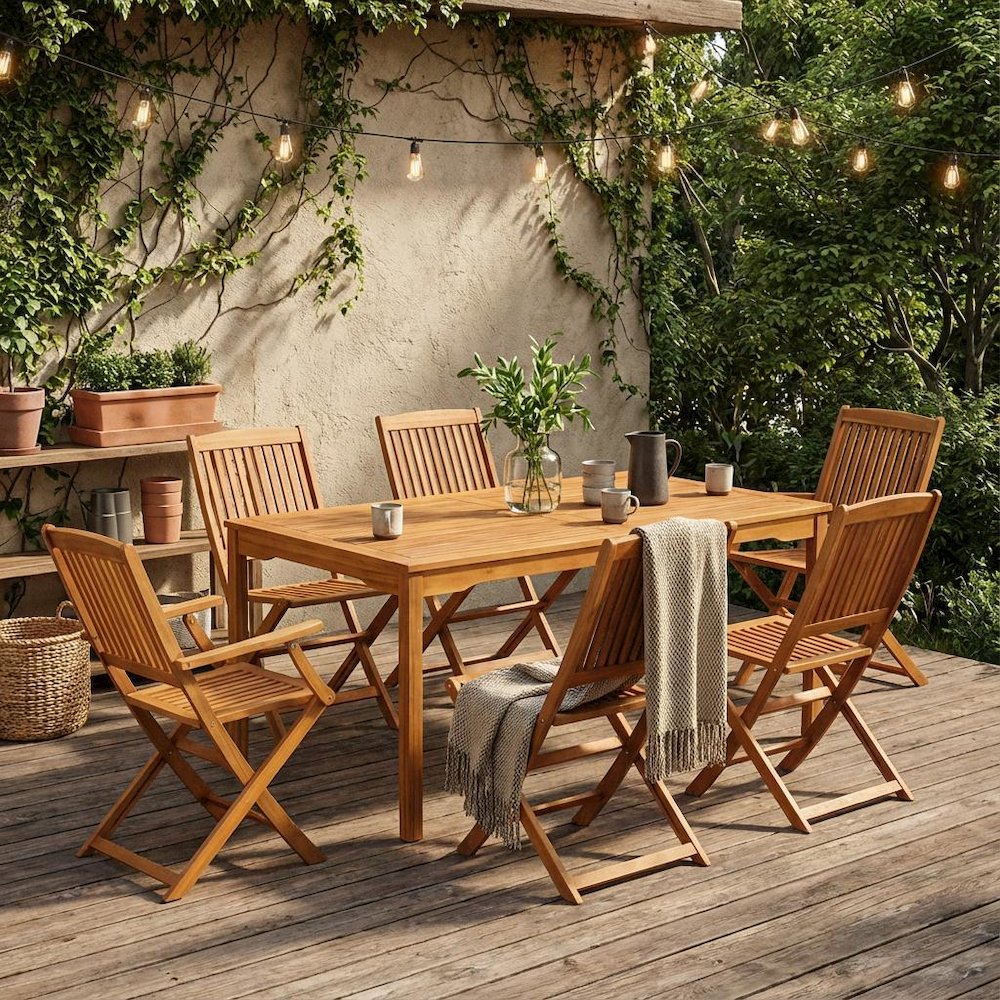 Wooden Patio Set with Oil Finish, Dining Table and 6 Outdoor Chairs. Picture 2
