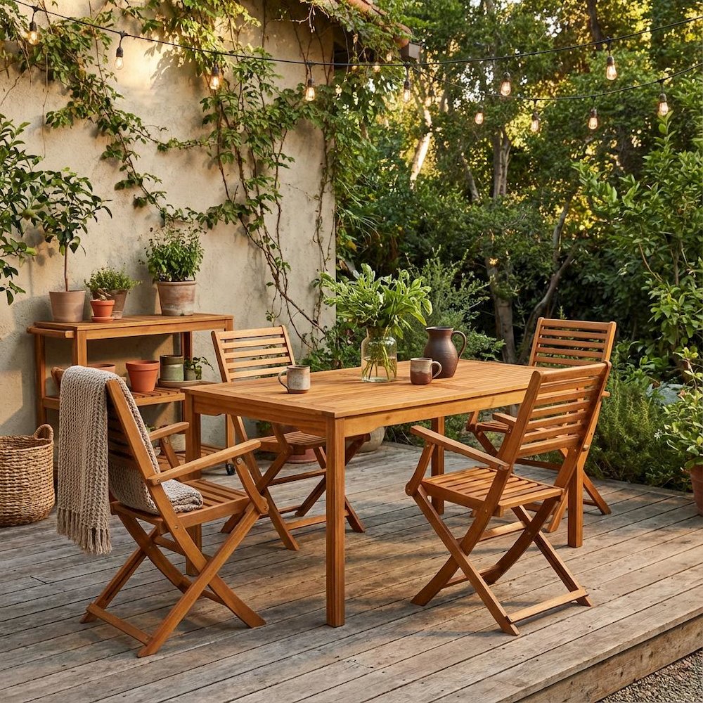 Oil-Finish Wooden Patio Set with Dining Table and 4 Chairs. Picture 2