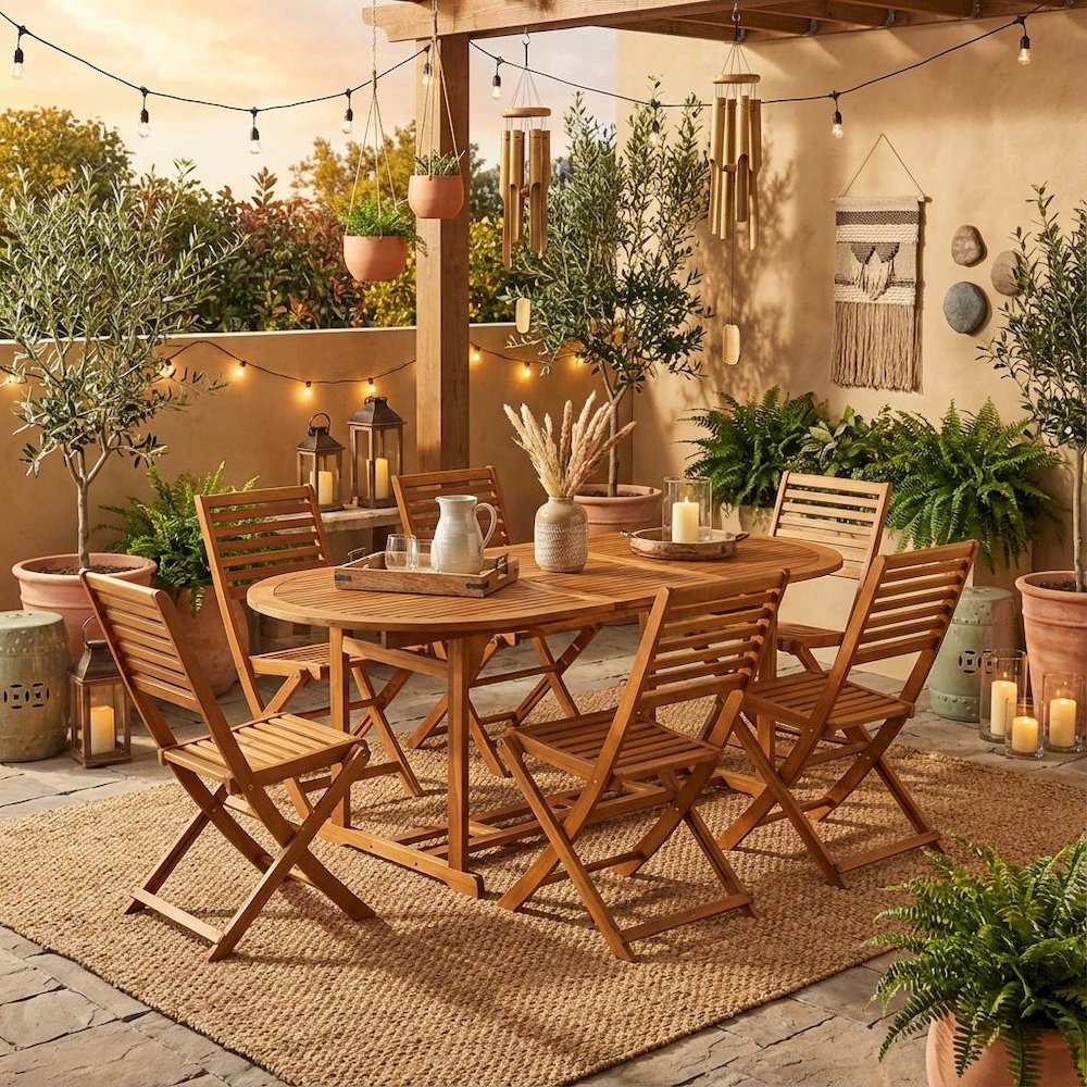 7-Piece Outdoor Patio Dining Set with Oval Acacia Wood Table and 6 Chairs. Picture 3