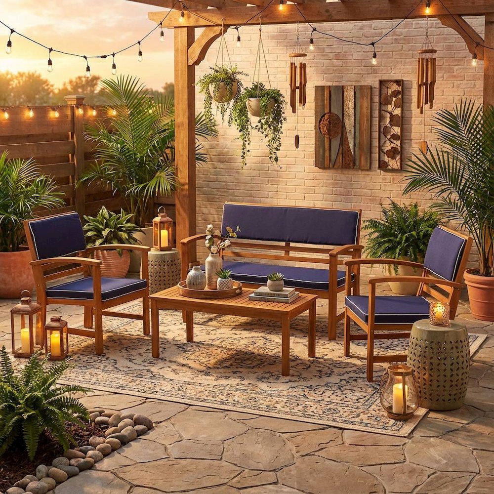 Wooden Patio Set with Oil Finish, Dining Table, 2 Chairs, Bench. Picture 3