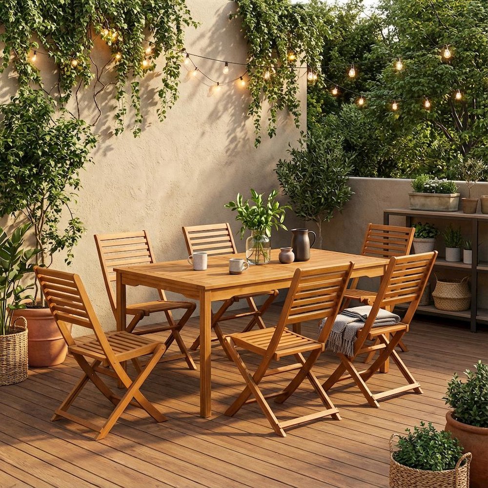 Wooden Patio Set with Oil Finish, Dining Table and 6 Outdoor Side Chairs. Picture 2