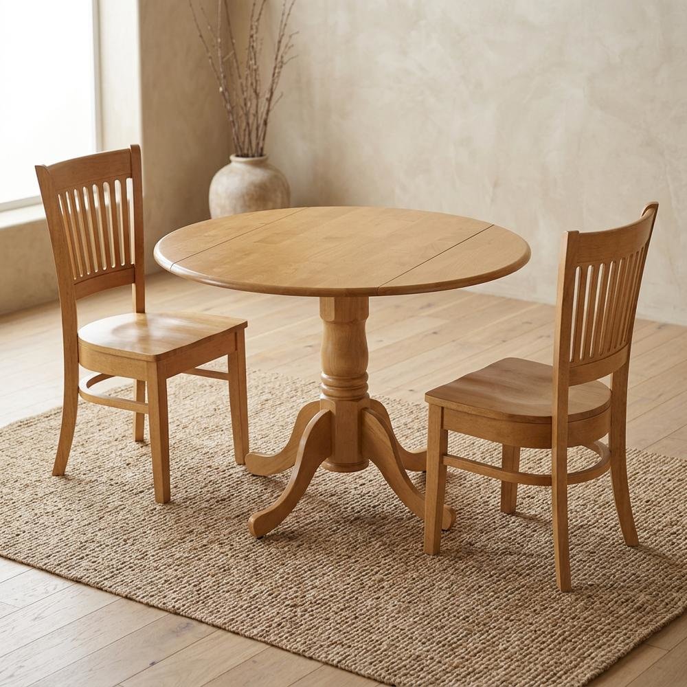 Solid Wood Round Drop-Leaf Kitchen Nook 3-Piece, Slatted Chairs. Picture 2