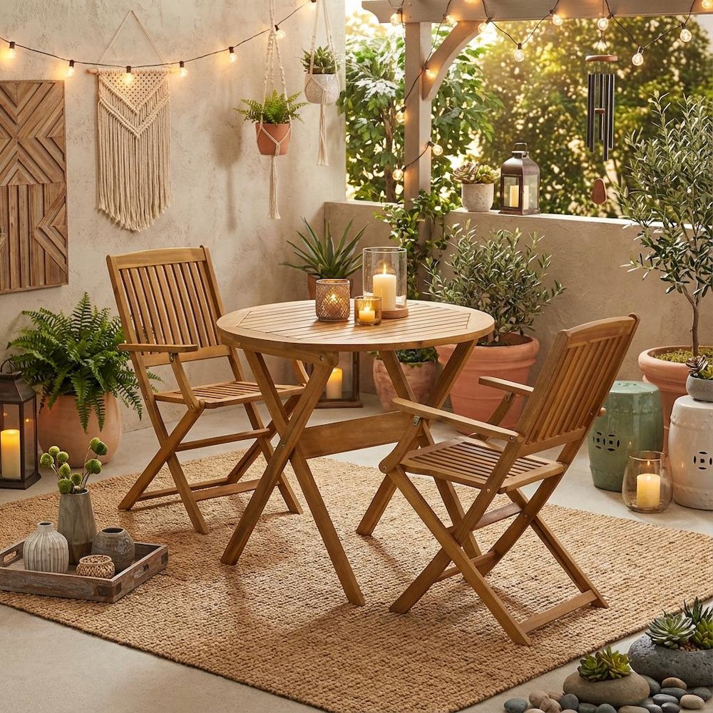 3-Piece Outdoor Bistro Set Oil-Finish Wooden Folding Table and 2 Chairs. Picture 3