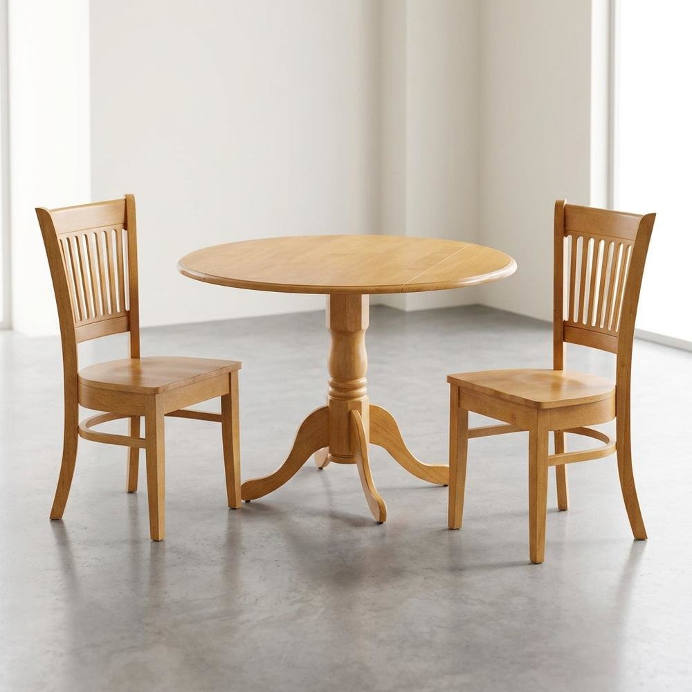Solid Wood Round Drop-Leaf Kitchen Nook 3-Piece, Slatted Chairs. Picture 3
