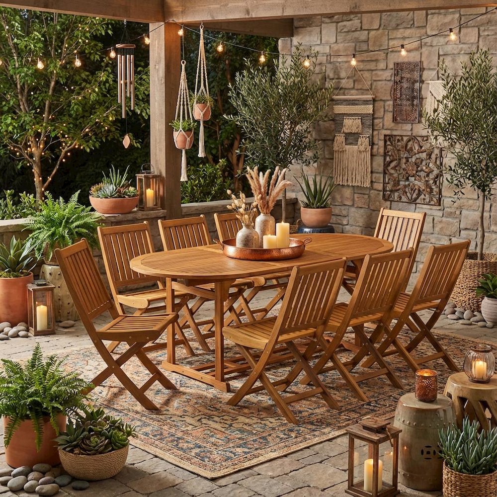 9-Piece Patio Set with Oil Finish, 8 Slatted-Back Chairs, Wood Coffee Table. Picture 3