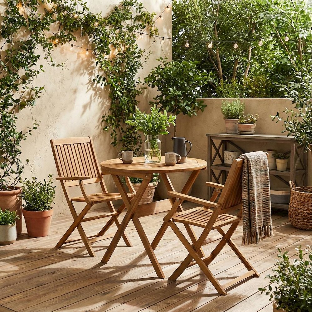 3-Piece Outdoor Bistro Set Oil-Finish Wooden Folding Table and 2 Chairs. Picture 2