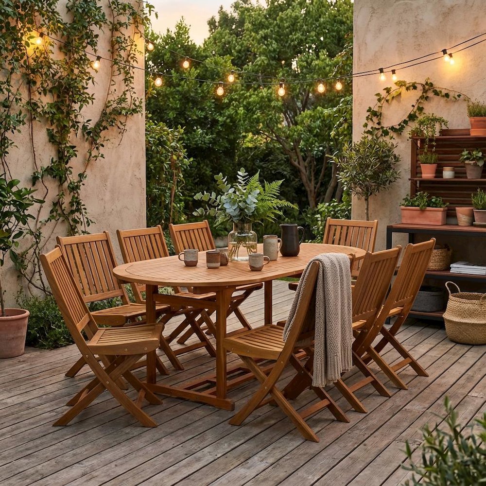 9-Piece Patio Set with Oil Finish, 8 Slatted-Back Chairs, Wood Coffee Table. Picture 2