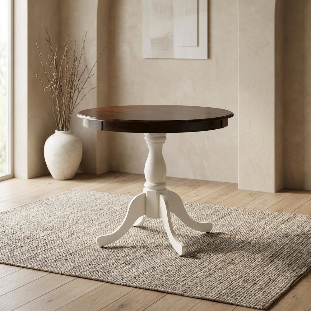 Walnut Linen White Round Pedestal Table, Seats 4, Wood Dining. Picture 2