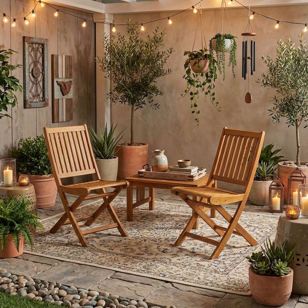 Outdoor Dining Chairs Oil Finish Set of 2 Slatted Back Wood Seats. Picture 3