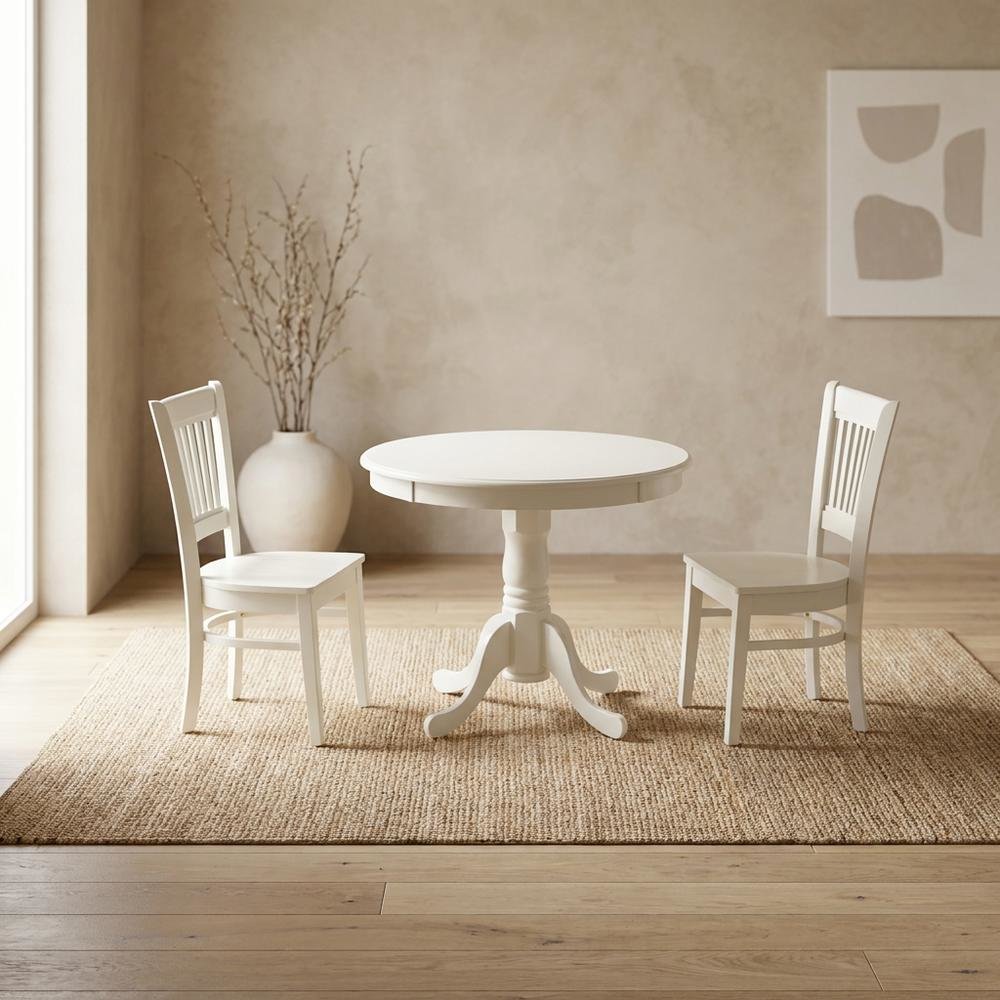Solid Wood Round Kitchen Table & Chairs 3-Piece Dining Set, Linen White. Picture 2