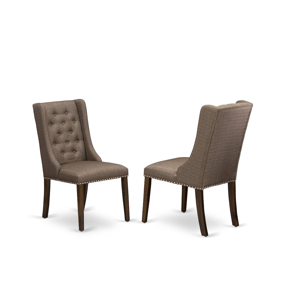 East West Furniture LAFO5-88-18 5-Pc Kitchen Table Set Includes 1 Butterfly Double Pedestal Dining Table and 4 Brown Linen Fabric Parson Dining Chairs with Button Tufted Back - Antique Walnut Finish. Picture 3