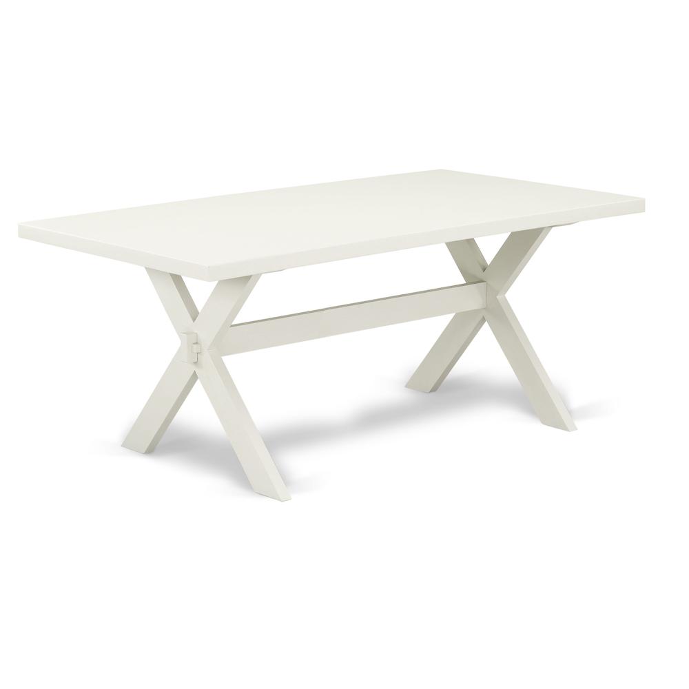 East West Furniture 6-Pc Dining Set-Light Beige Linen Fabric Seat and High Stylish Chair Back Parson Dining room chairs, A Rectangular Bench and Rectangular Top Modern Dining Table with Hardwood Legs. Picture 2