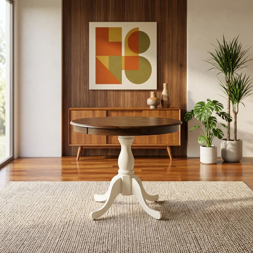 Walnut Linen White Round Pedestal Table, Seats 4, Wood Dining. Picture 3