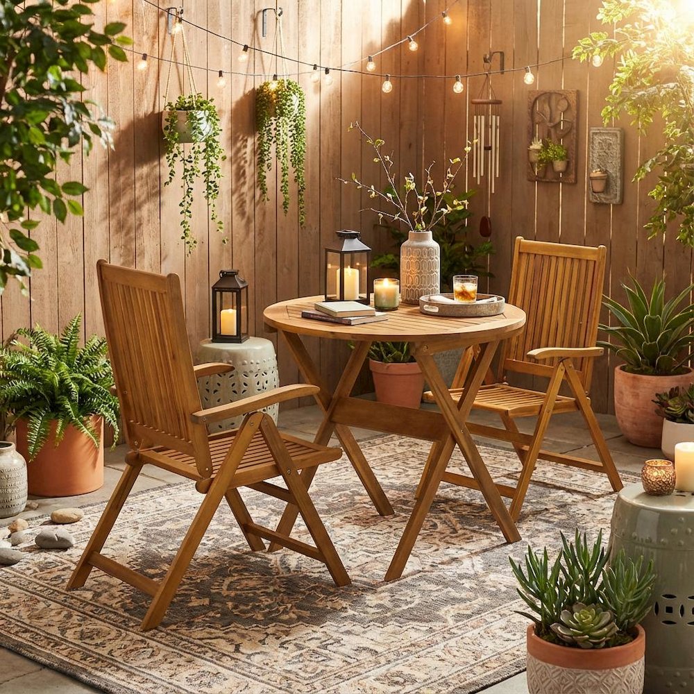 3-Piece Outdoor Dining Set with Oil Finish, Folding Table and 2 Chairs. Picture 3