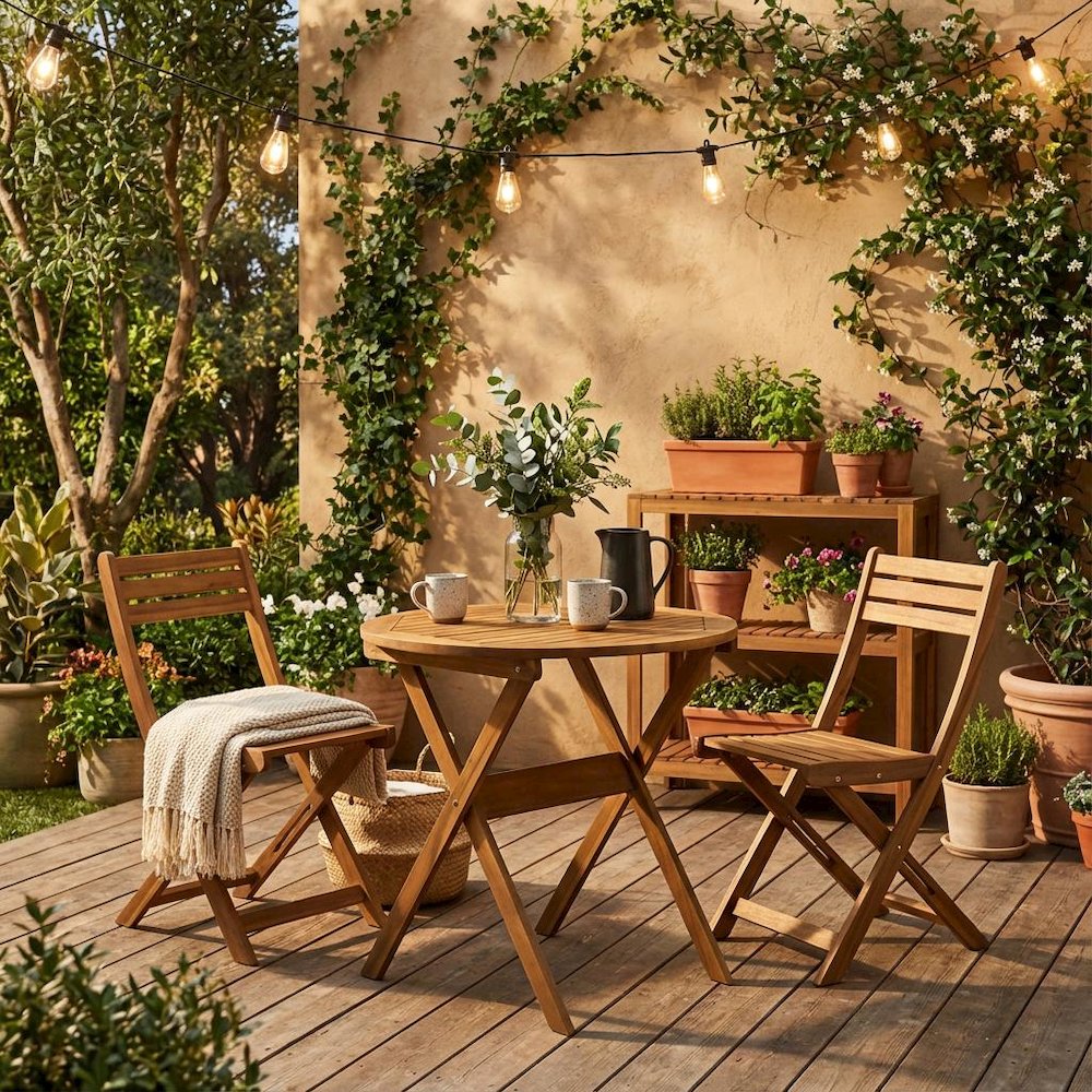 Oil Finish 3-Piece Outdoor Bistro Set with Round Acacia Coffee Table. Picture 2
