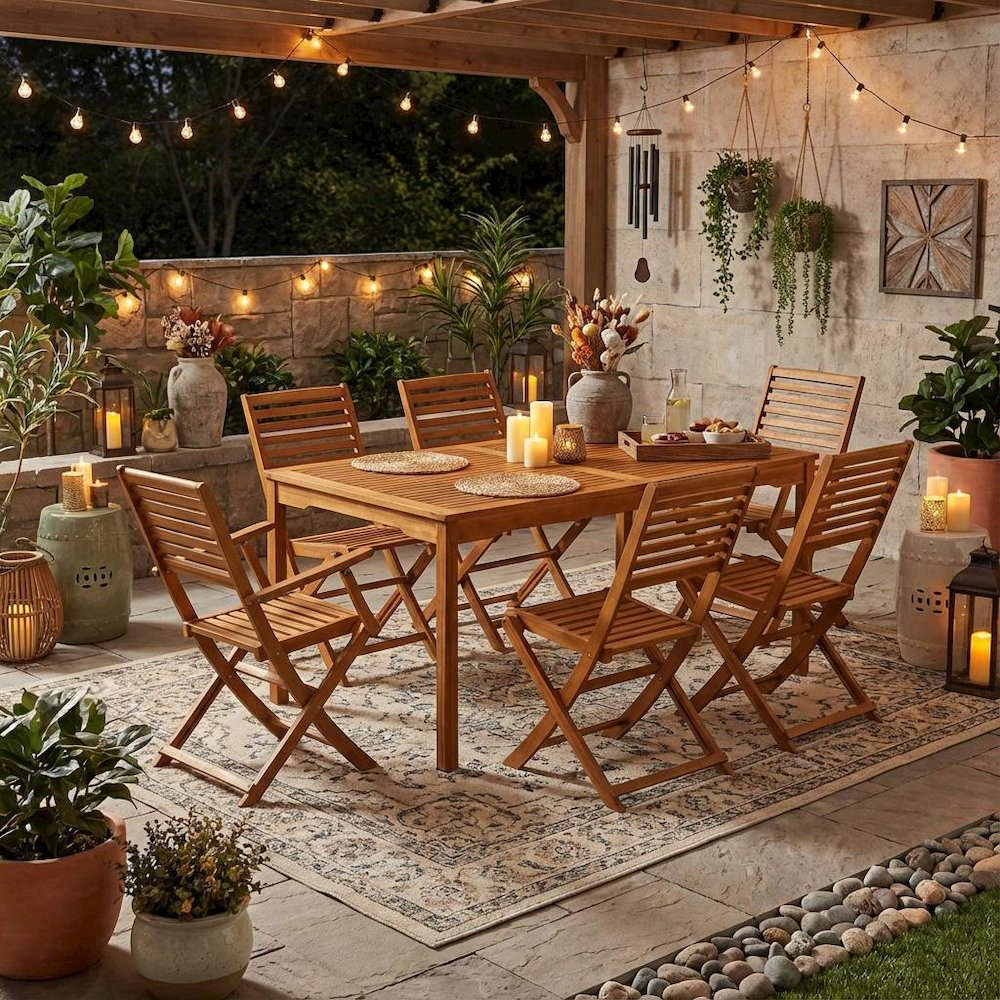Wooden Patio Set Oil Finish Dining Table with 6 Outdoor Chairs. Picture 3