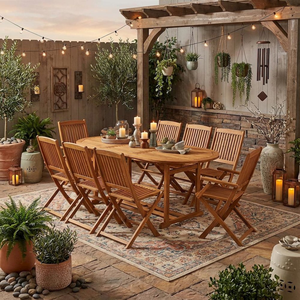Wooden Patio Set Oil-Finish with Dining Table and 8 Chairs. Picture 3