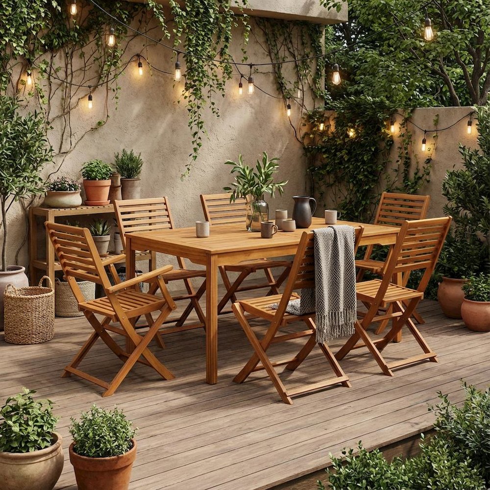 Wooden Patio Set Oil Finish Dining Table with 6 Outdoor Chairs. Picture 2