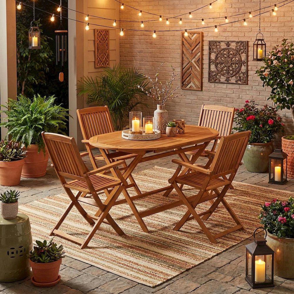 Oil-Finish Wooden Patio Set with Dining Table and 4 Outdoor Chairs. Picture 3