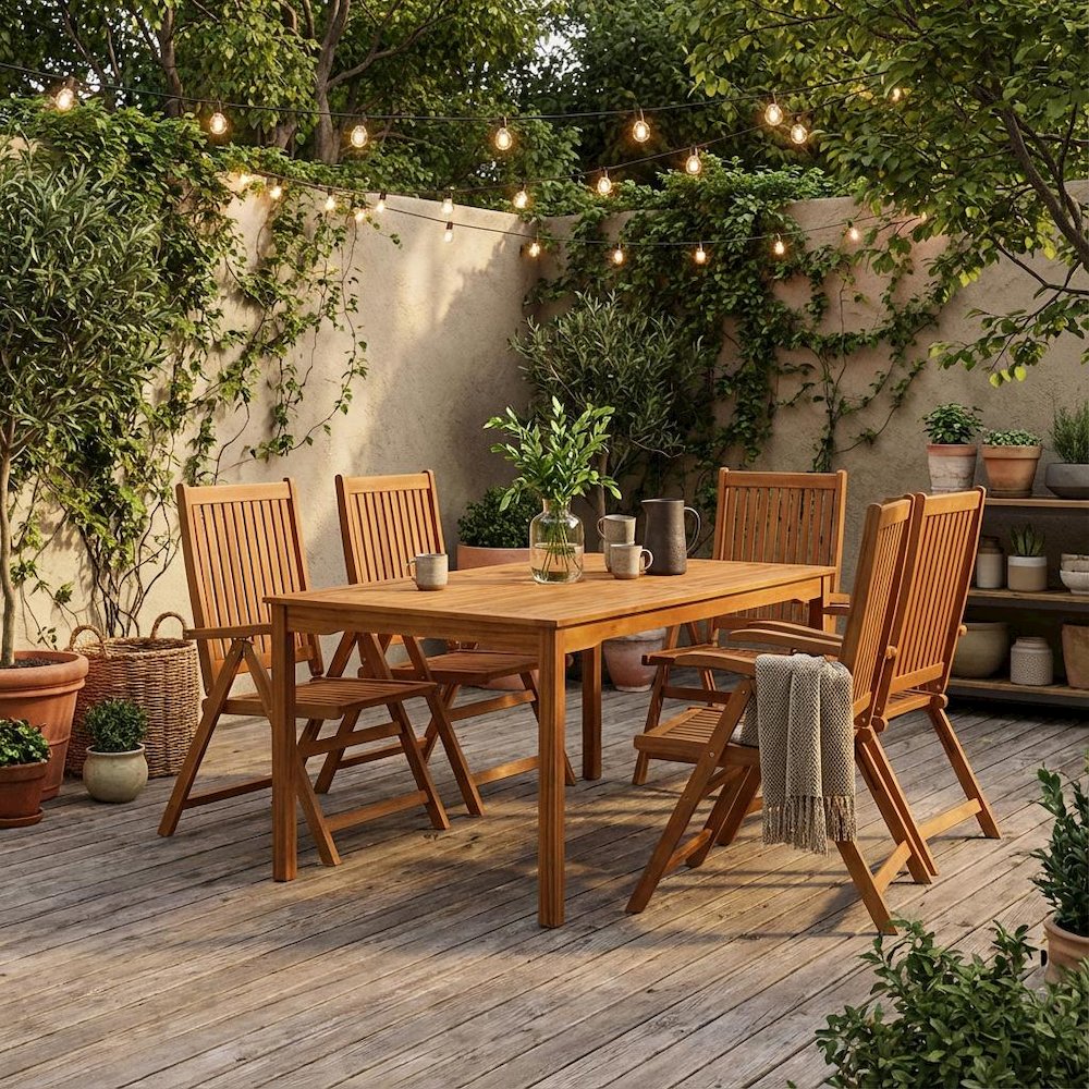 Wooden Patio Set Oil-Finish Dining Table with Wooden Outdoor Chairs. Picture 2