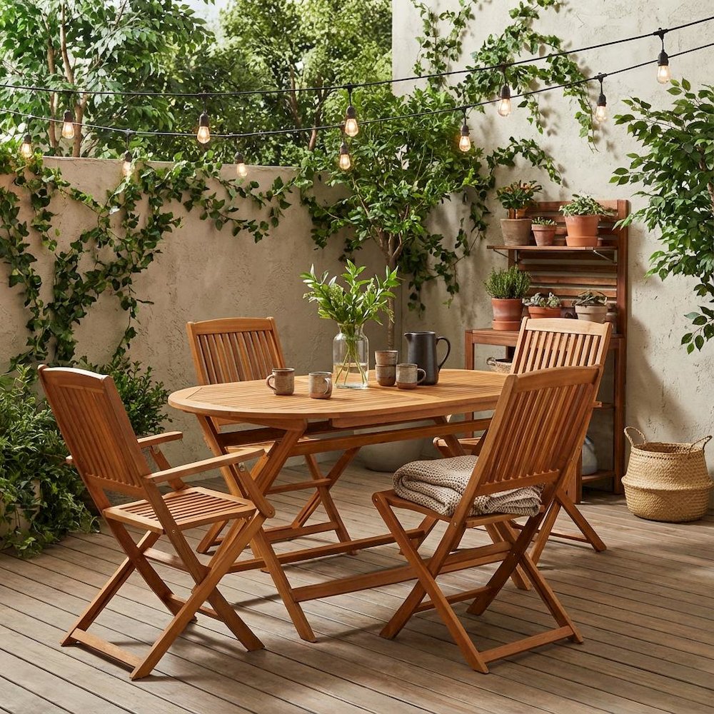 Wooden Patio Set - Dining Table and 4 Outdoor Chairs, Solid Wood Design. Picture 2