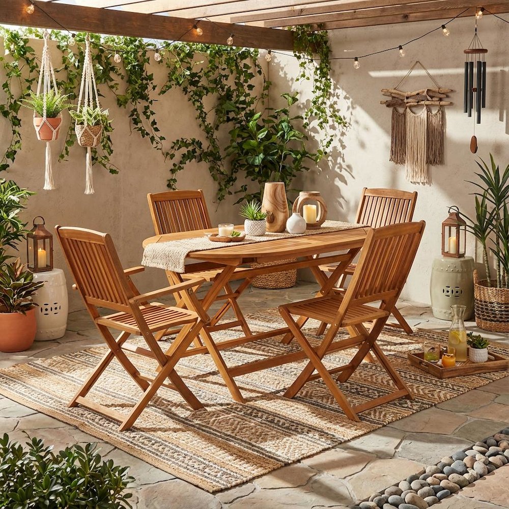 Wooden Patio Set - Dining Table and 4 Outdoor Chairs, Solid Wood Design. Picture 3
