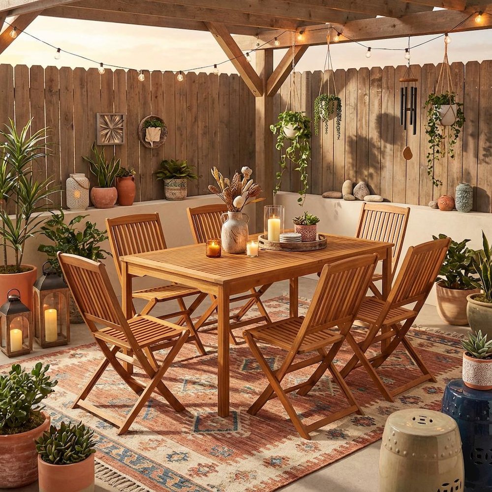 Wooden Patio Set Warm Oil Dining Table with 6 Outdoor Chairs. Picture 3