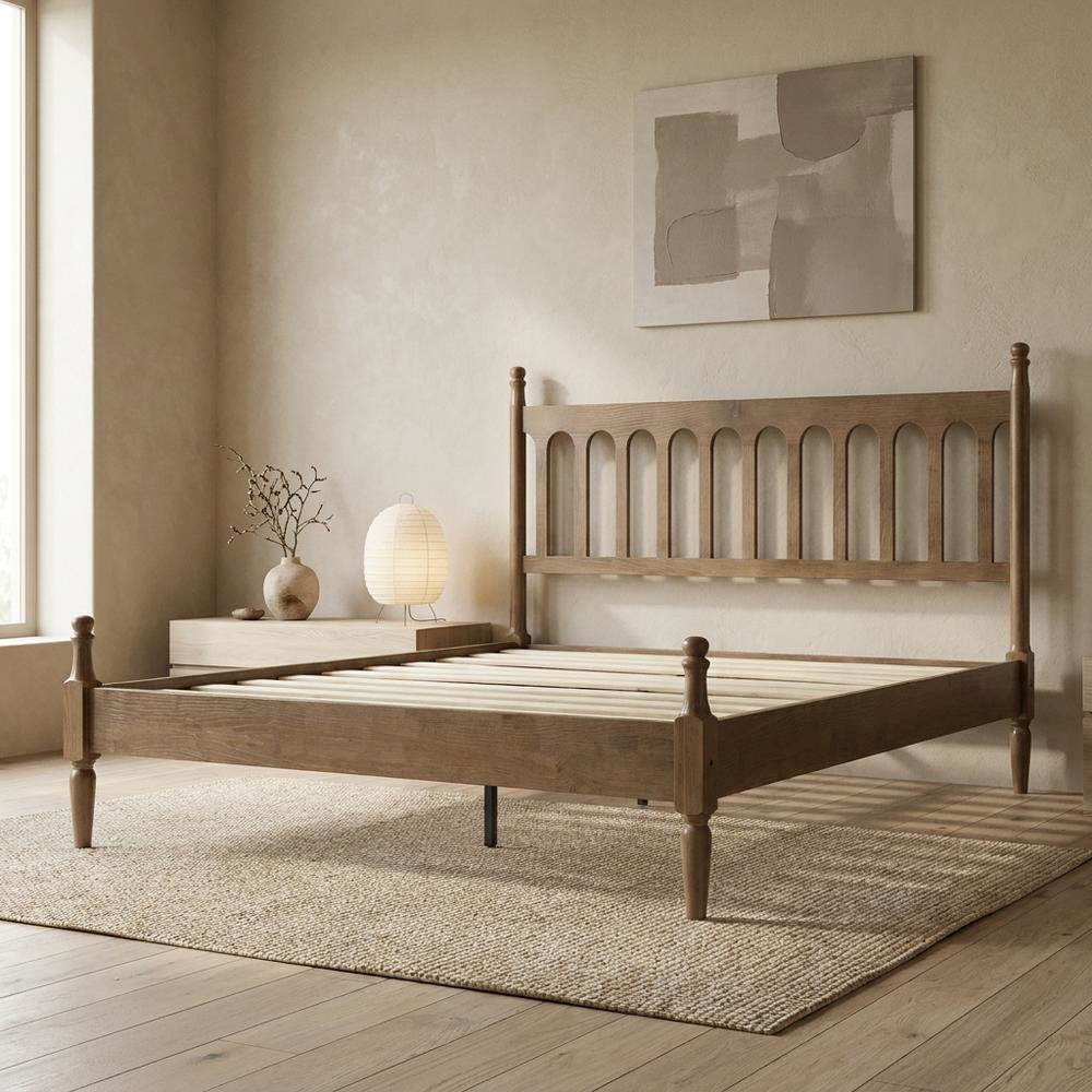 Solid Wood Bed with Headboard, Traditional Platform, Barnwood, Queen. Picture 2