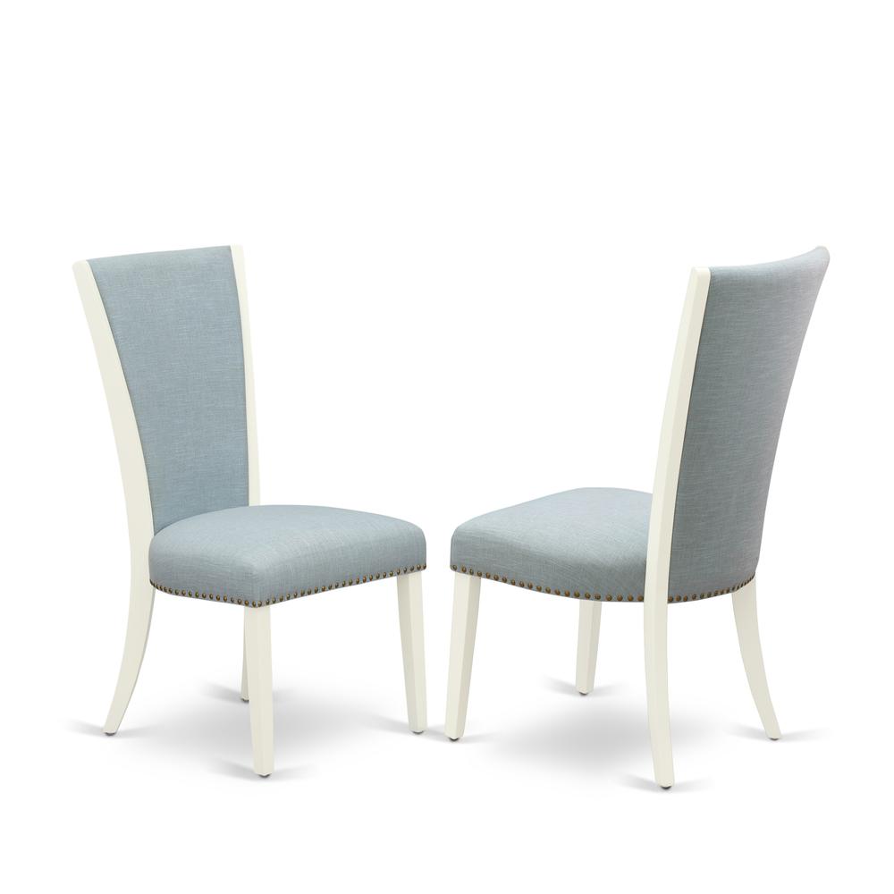 East West Furniture X076VE215-7 7 Piece Dining Room Table Set - 6 Baby Blue Linen Fabric Parson Dining Room Chairs with Nailheads and Distressed Jacobean Wood Dining Table - Linen White Finish. Picture 3