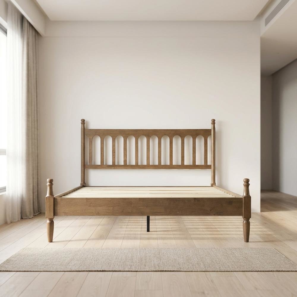 Solid Wood Bed with Headboard, Traditional Platform, Barnwood, Queen. Picture 3